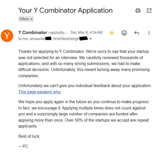 Y Combinator Rejection Email